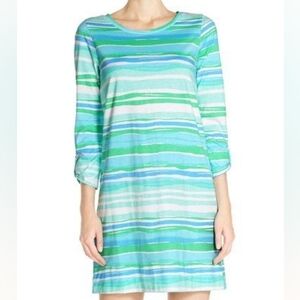 Lilly Pulitzer Linden Dress Stripe Pima Cotton Seaspray Blue & Green Sea Size XS